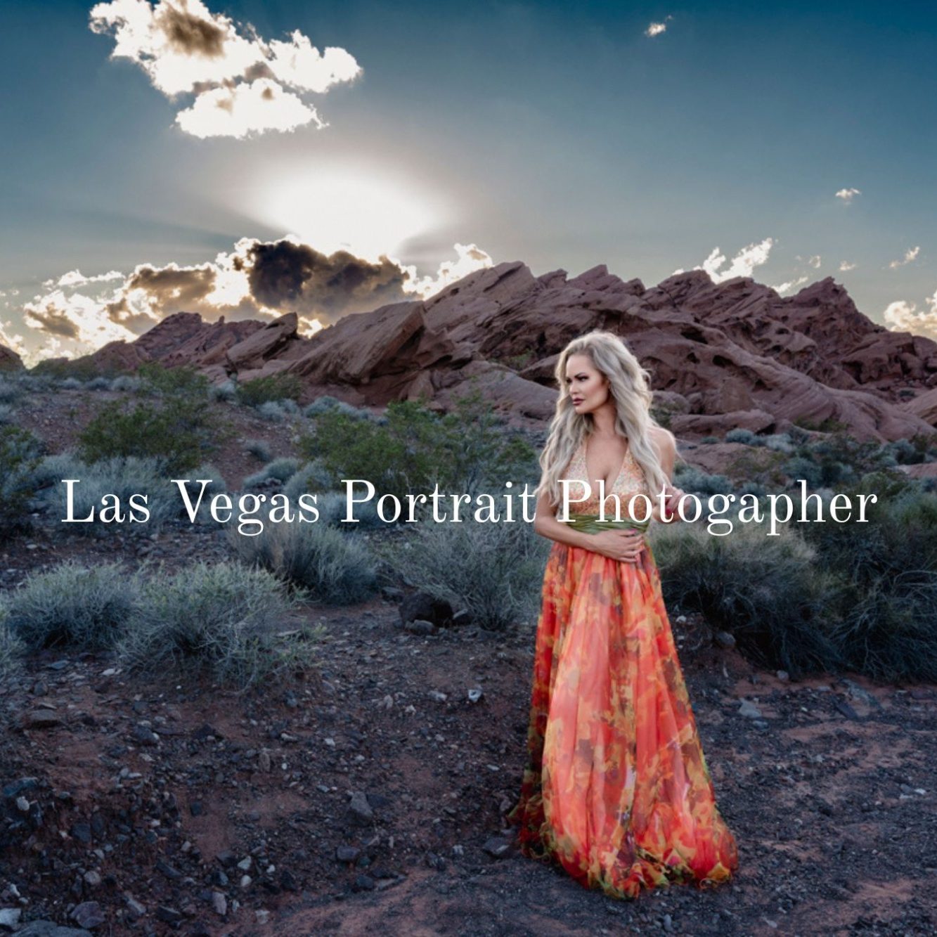 Elegant outdoor portrait of a woman in the Las Vegas desert, photographed with dramatic light and refined style by Silent J Fine Art.